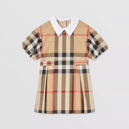 女婴米色格子棉连衣裙