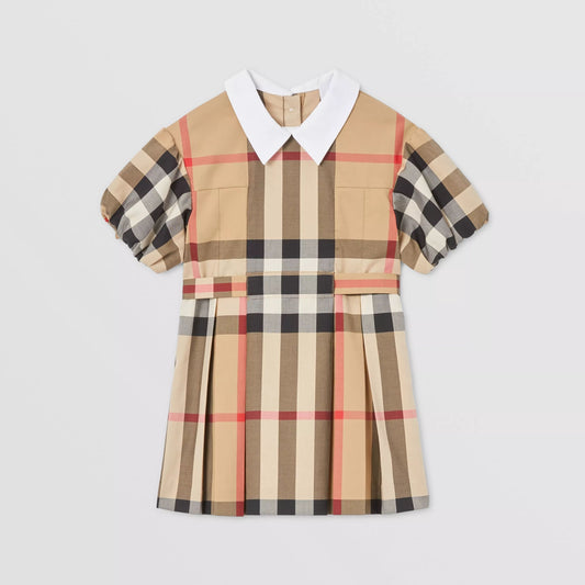 女婴米色格子棉连衣裙