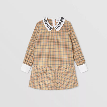 女童米色格子棉连衣裙