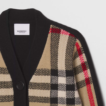 女童米色格子羊绒开衫