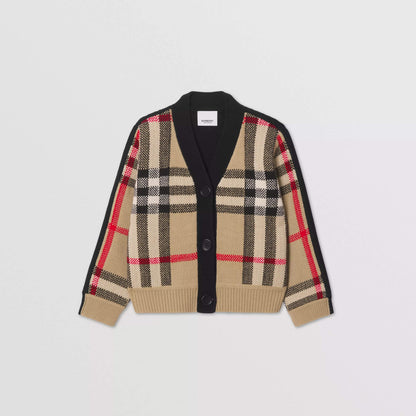 女童米色格子羊绒开衫
