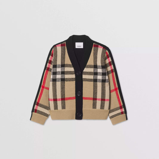 女童米色格子羊绒开衫