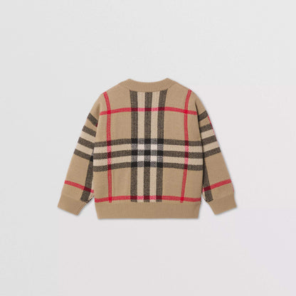 儿童米色格子羊绒毛衣
