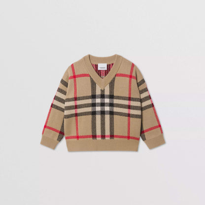 儿童米色格子羊绒毛衣