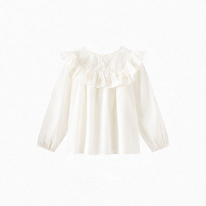 女童白色荷叶边棉上衣