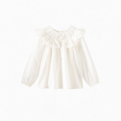 女童白色荷叶边棉上衣