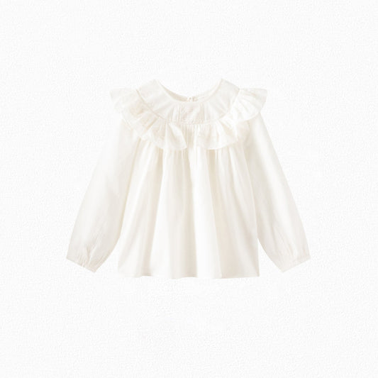 女童白色荷叶边棉上衣