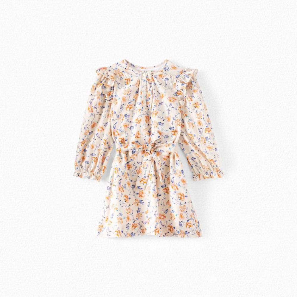 女童米色碎花棉连衣裙