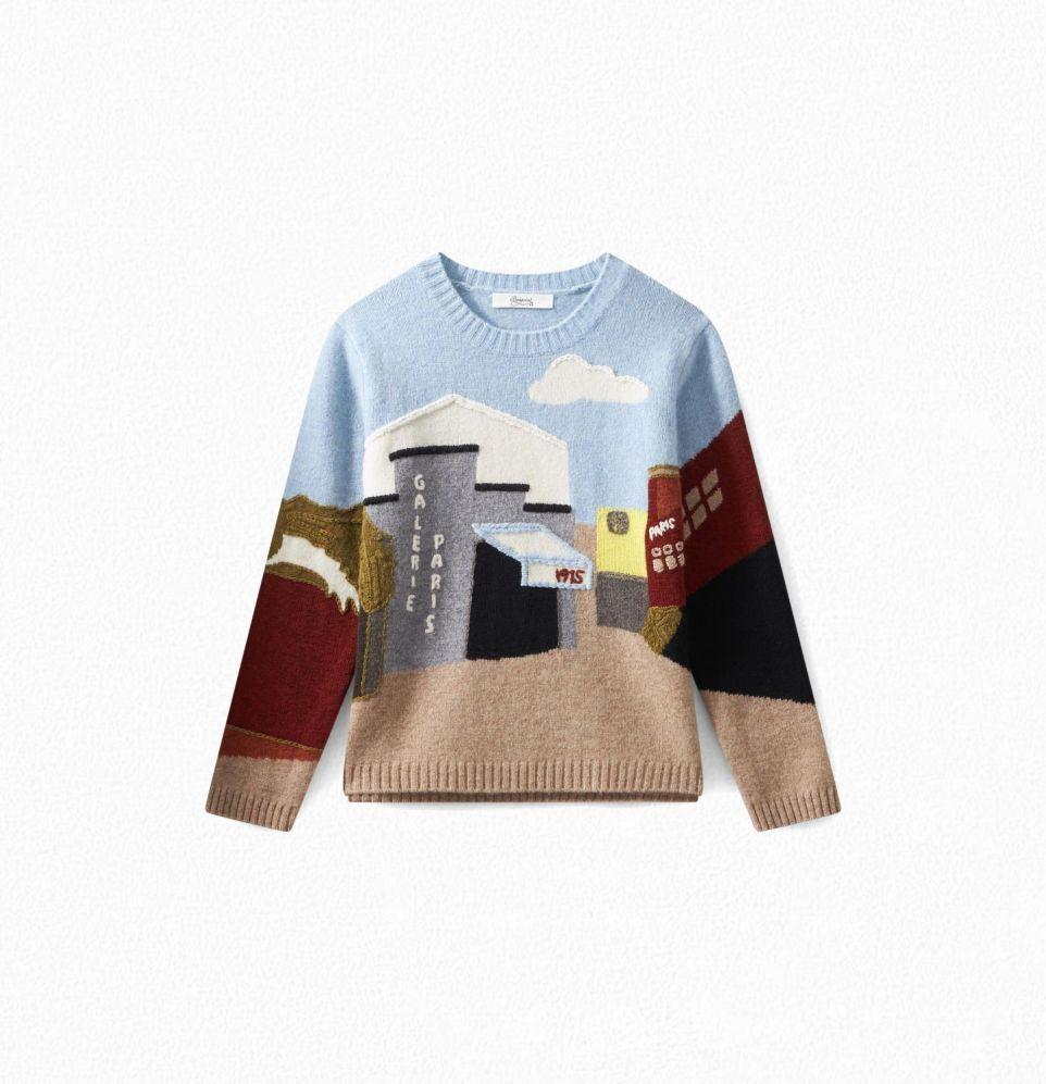 男童蓝色图案羊毛毛衣