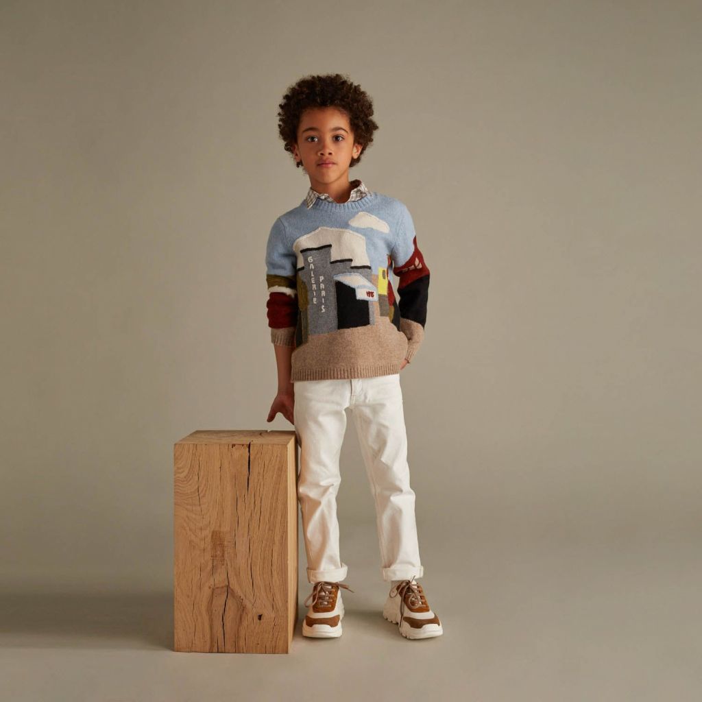 男童蓝色图案羊毛毛衣