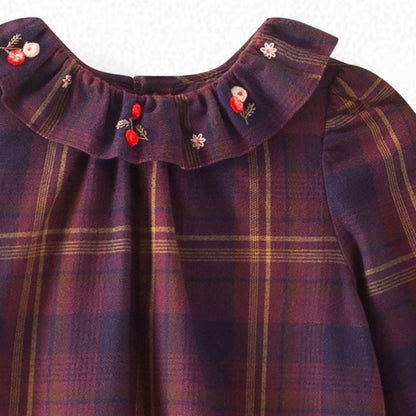 女童酒红色格子棉上衣