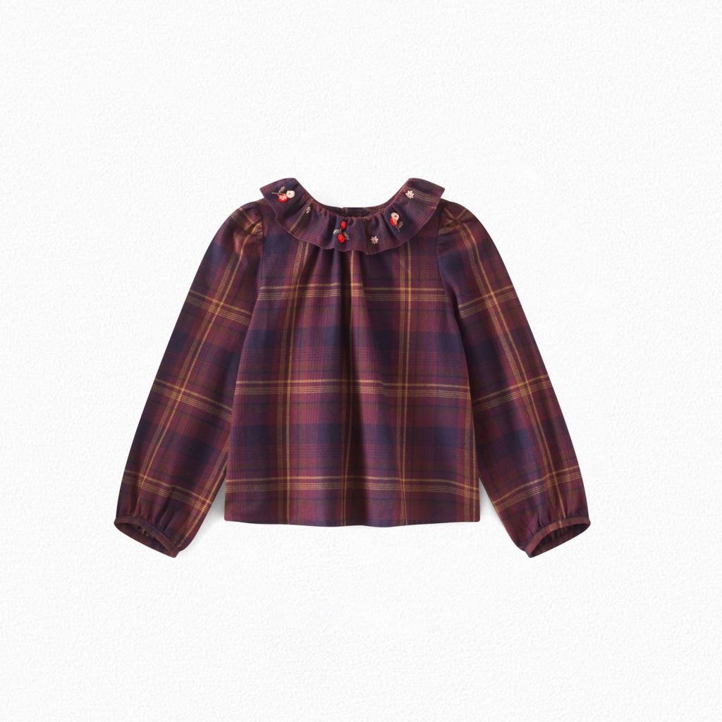 女童酒红色格子棉上衣
