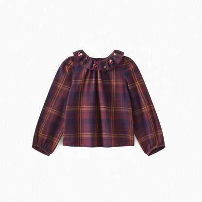 女童酒红色格子棉上衣