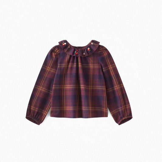 女童酒红色格子棉上衣