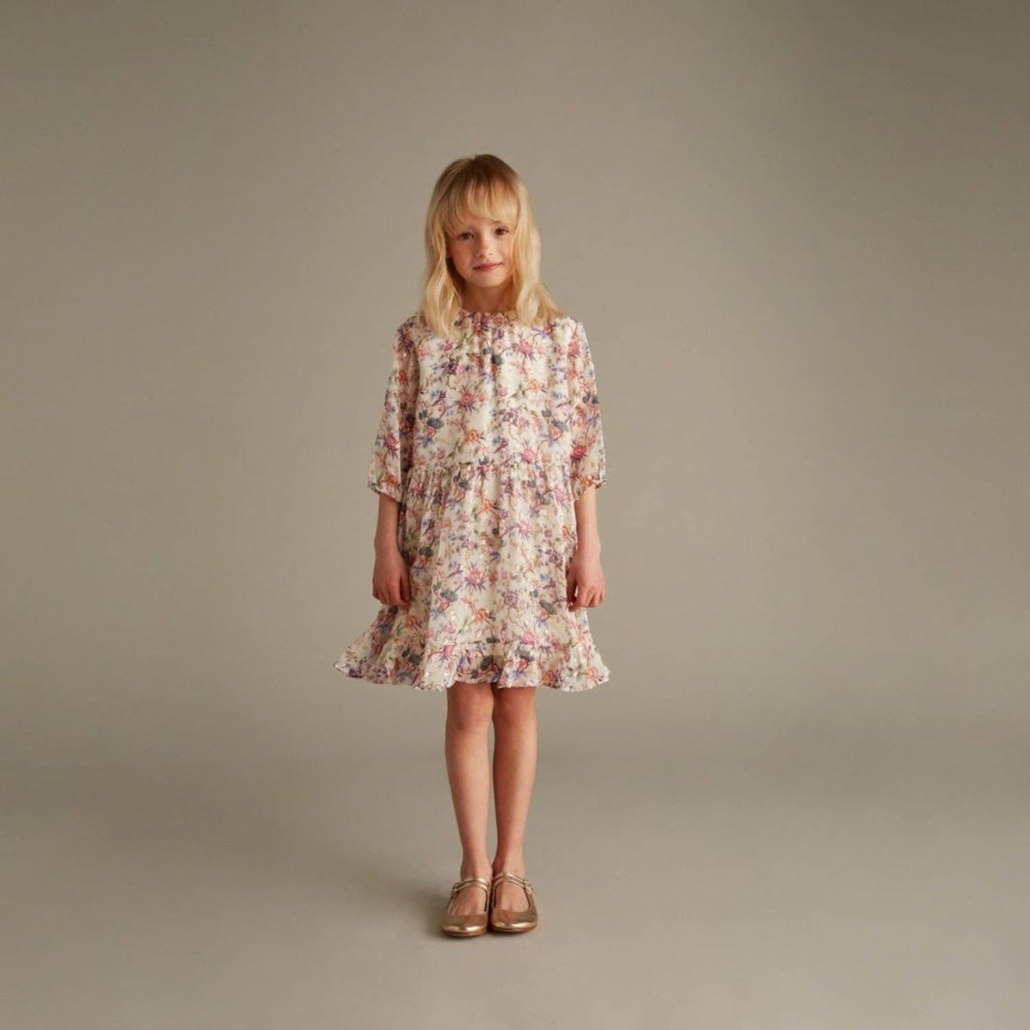 女童彩色碎花真丝连衣裙