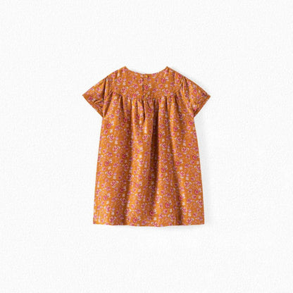 女童焦糖色碎花真丝连衣裙