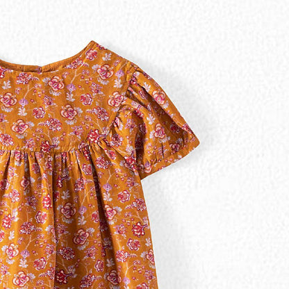 女童焦糖色碎花真丝连衣裙