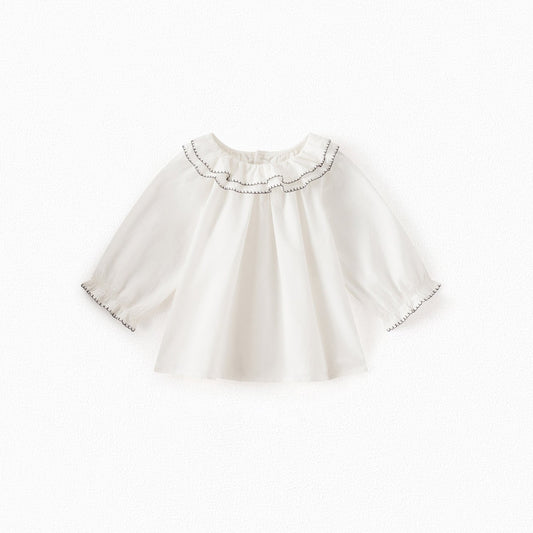 女婴白色荷叶边棉上衣