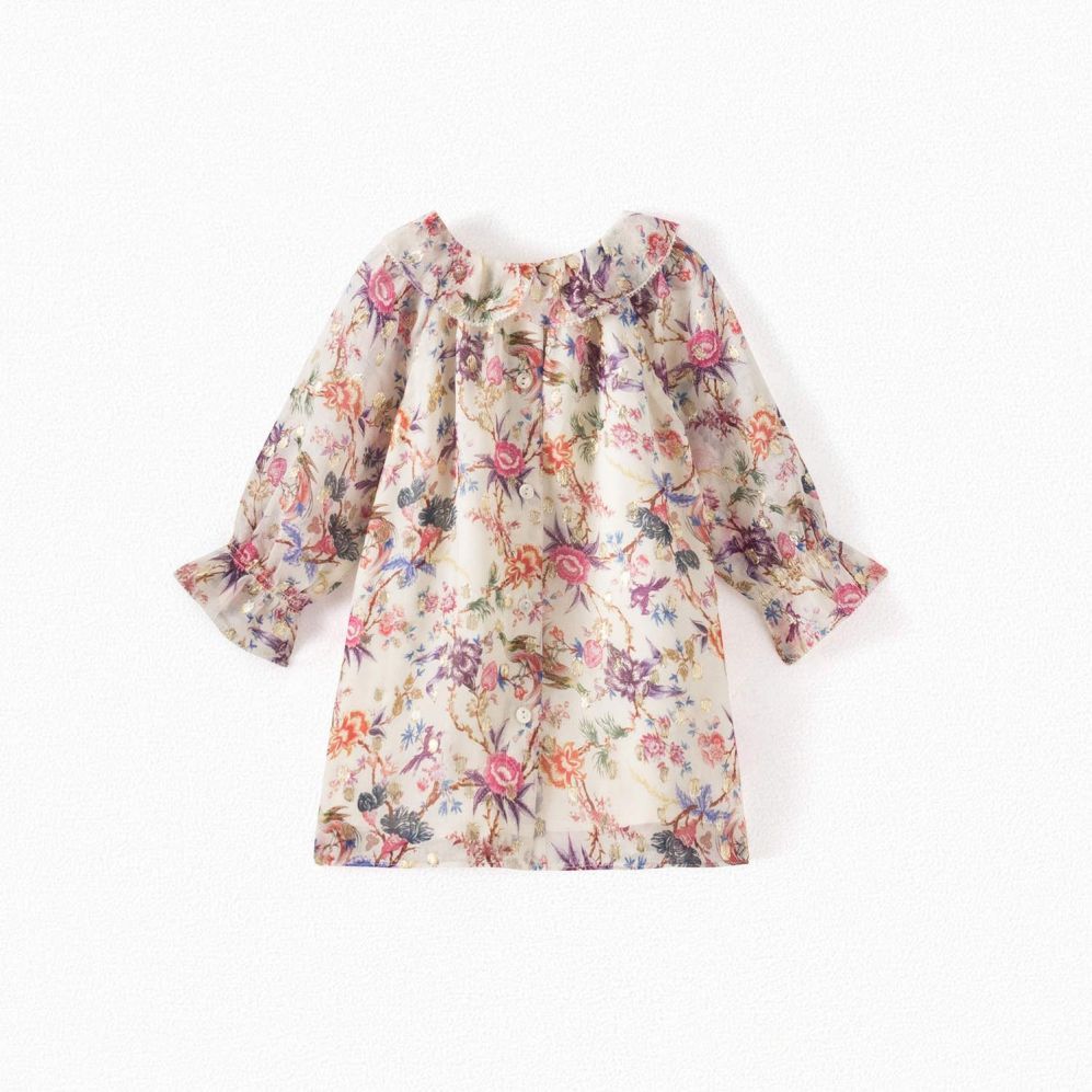 女婴米色花朵印花真丝连衣裙