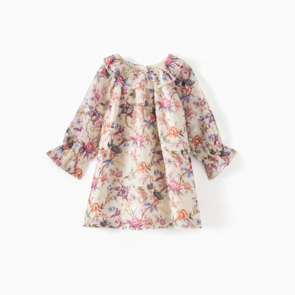 女婴米色花朵印花真丝连衣裙