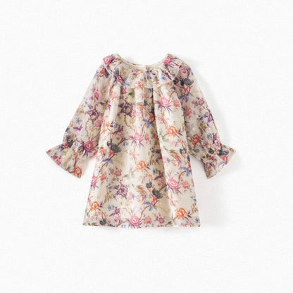 女婴米色花朵印花真丝连衣裙