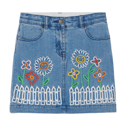 女童蓝色刺绣牛仔短裙