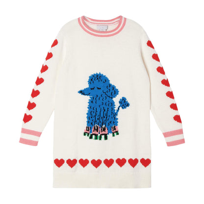 女童白色贵宾犬针织连衣裙