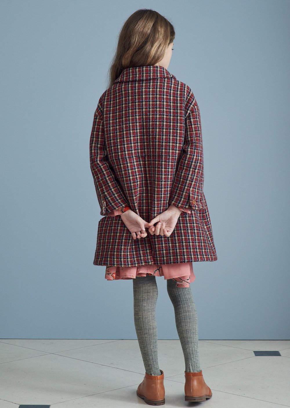 女童红色格子羊毛外套