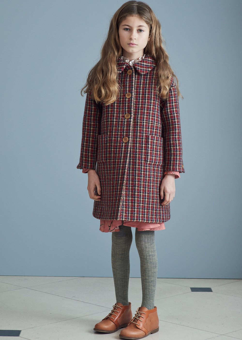 女童红色格子羊毛外套