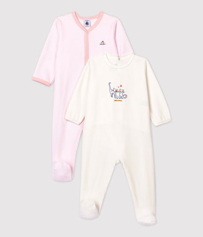 女婴粉色&白色棉连体衣套装 (2件)