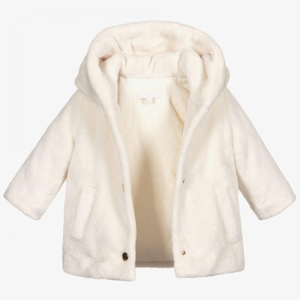 女婴象牙白人造毛皮连帽外套