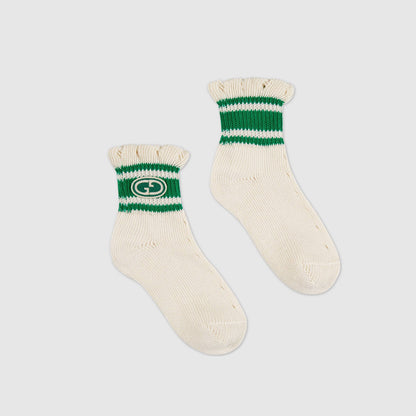 Girls Ivory & Green Logo Cotton Socks