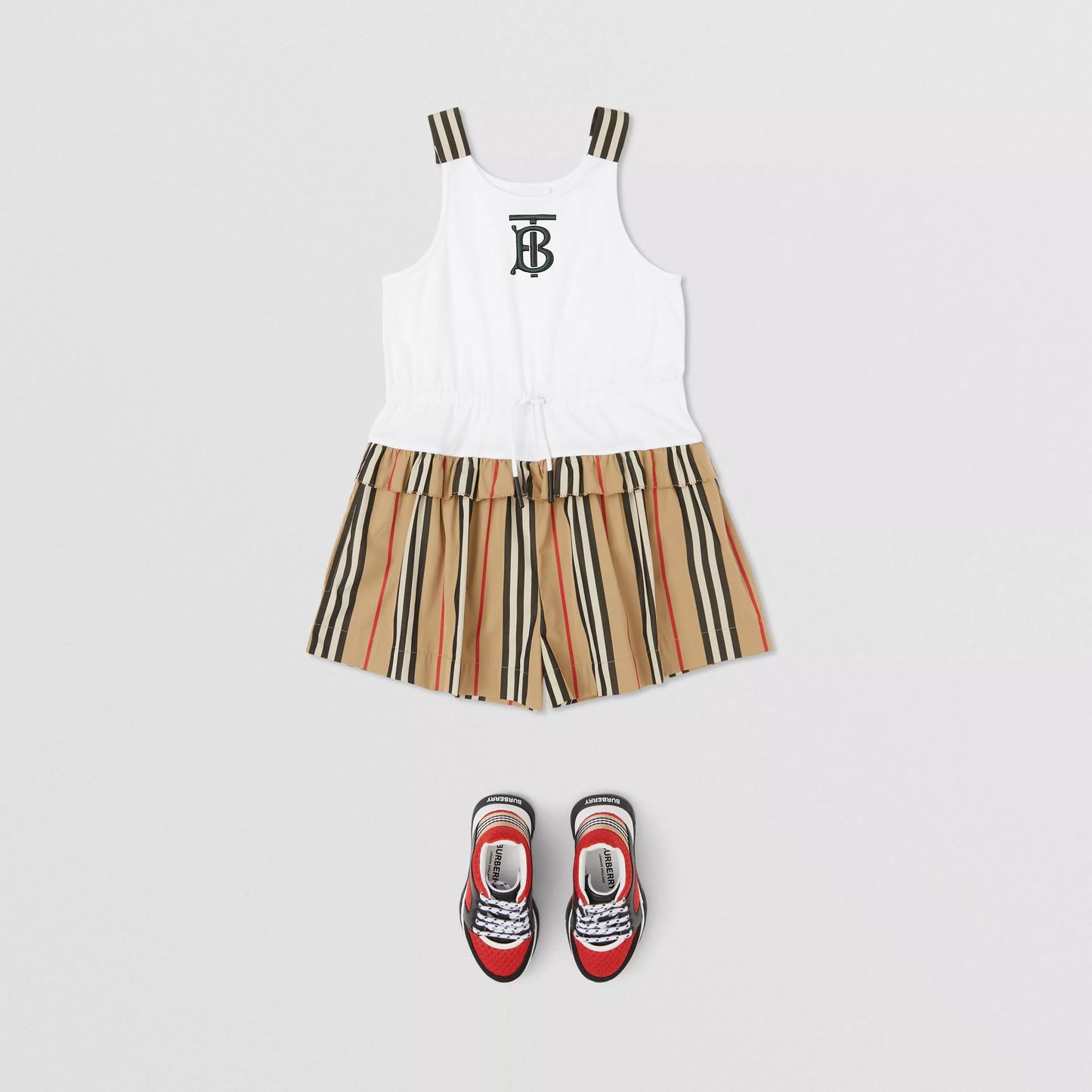 Girls White & Beige Logo Cotton Jumpsuit