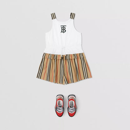 Girls White & Beige Logo Cotton Jumpsuit