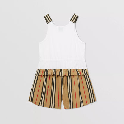 Girls White & Beige Logo Cotton Jumpsuit