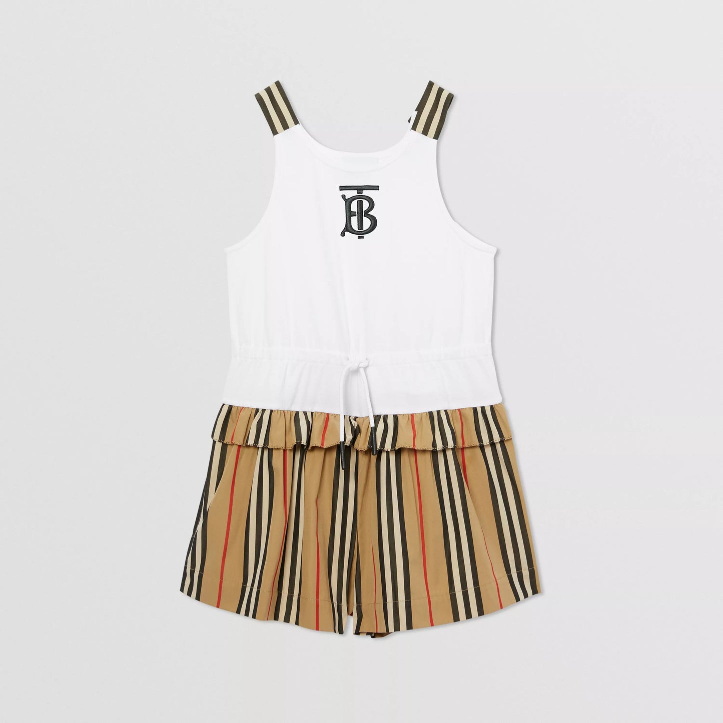 Girls White & Beige Logo Cotton Jumpsuit