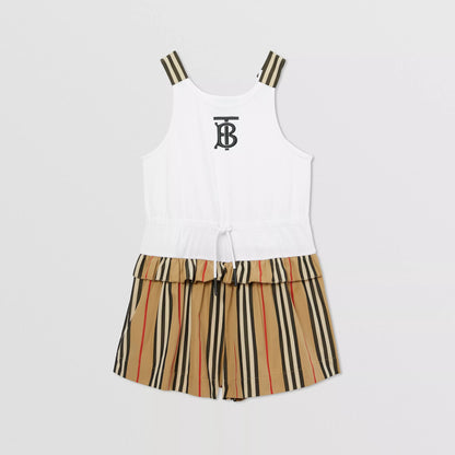 Girls White & Beige Logo Cotton Jumpsuit