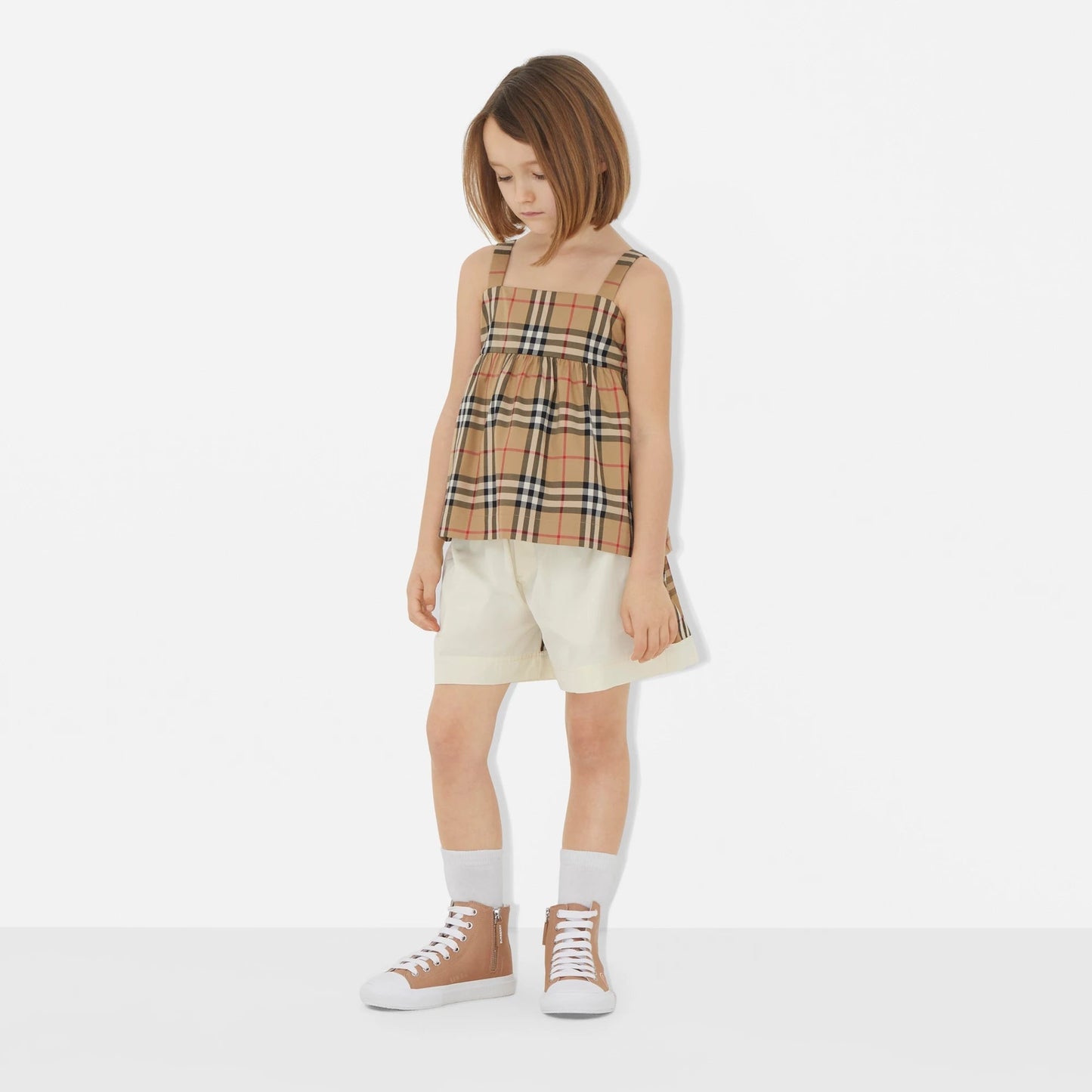 女童米色格子棉吊带上衣