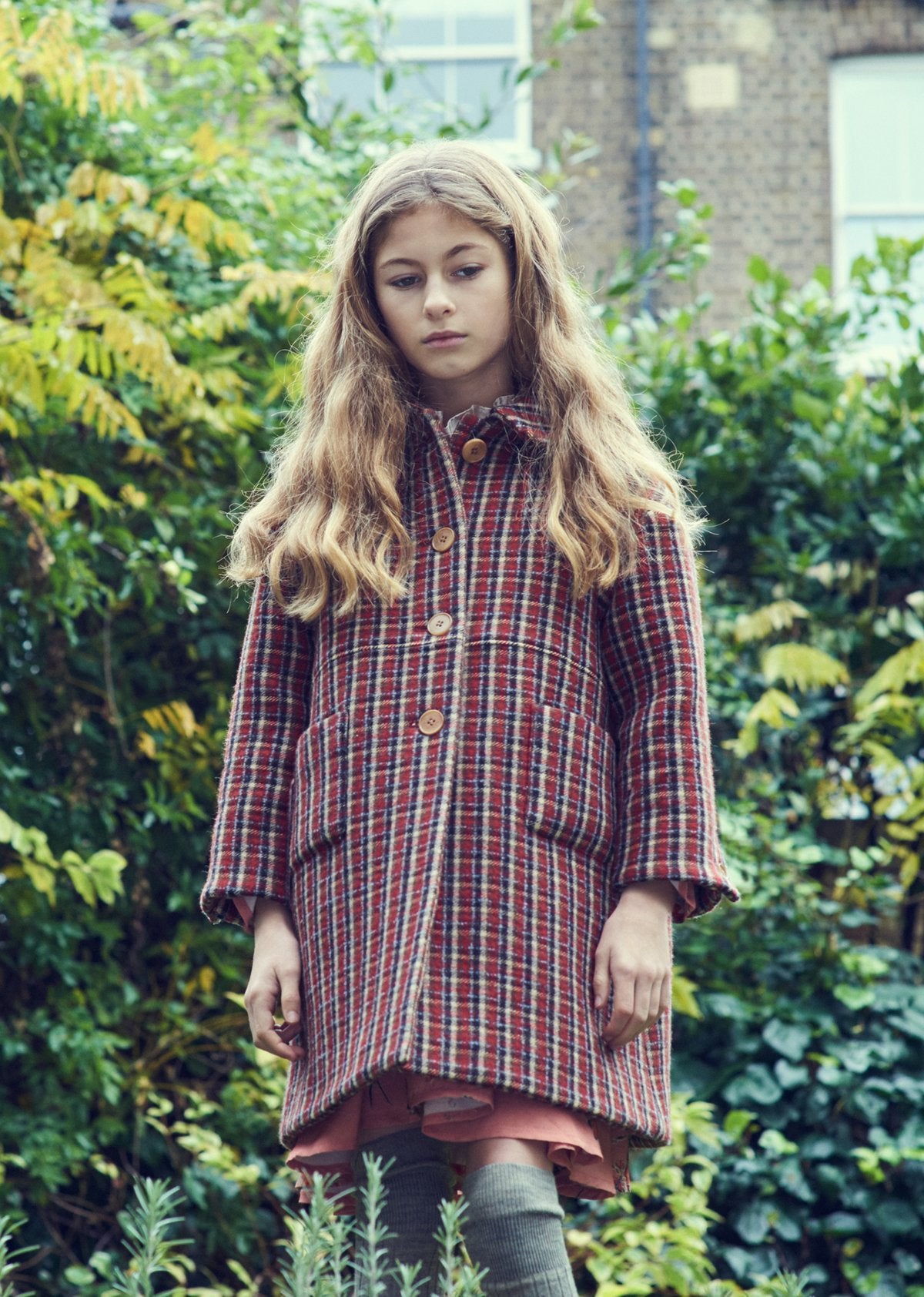 女童红色格子羊毛外套