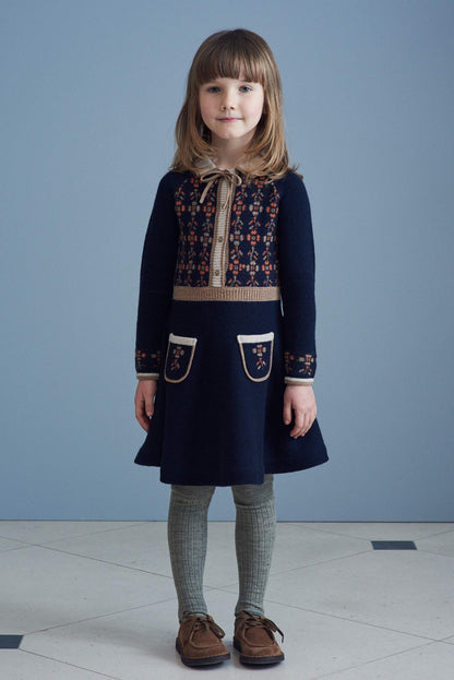 女童藏青色刺绣羊毛连衣裙