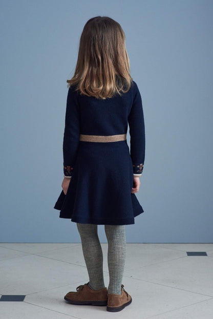 女童藏青色刺绣羊毛连衣裙