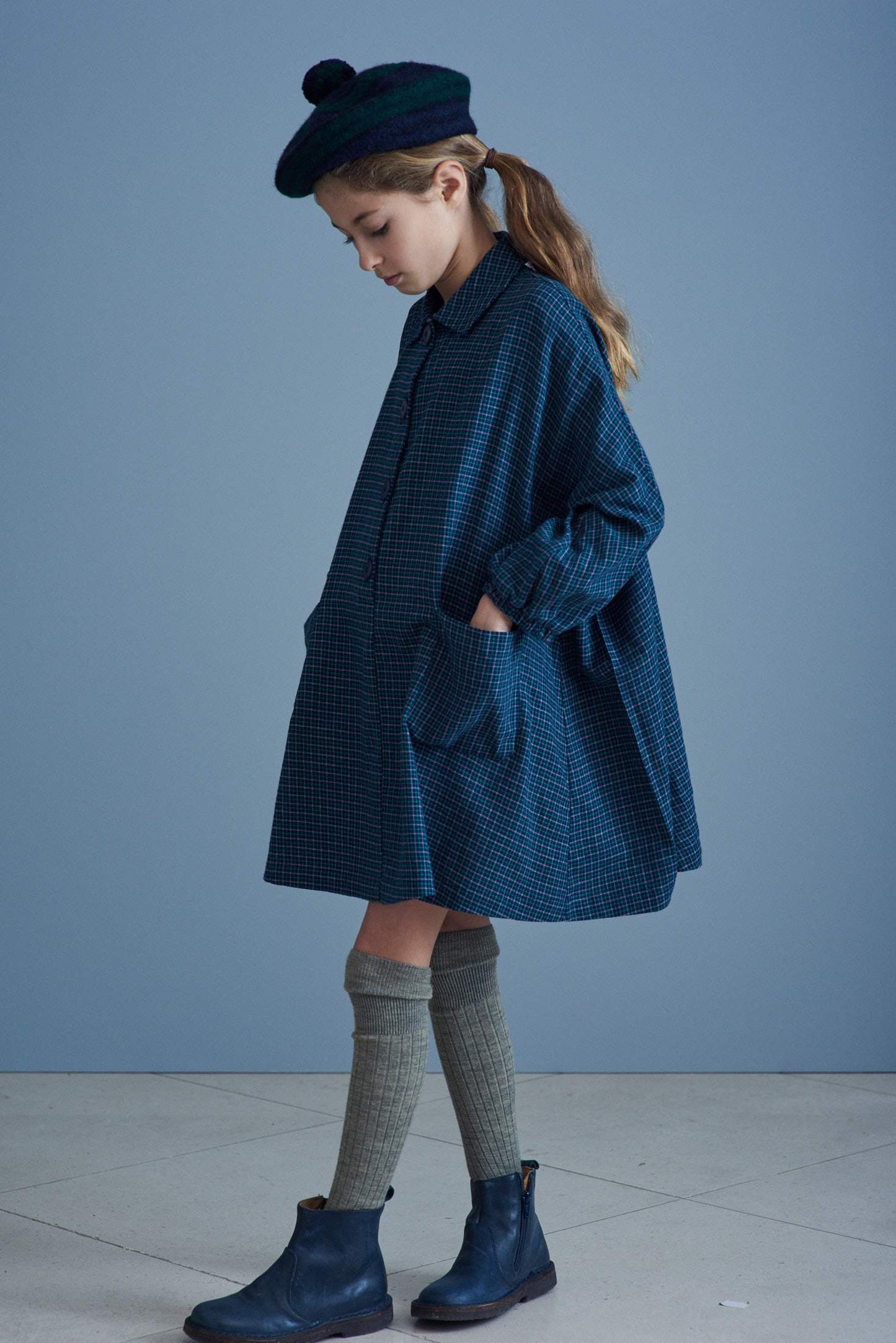 女童蓝色格子棉连衣裙