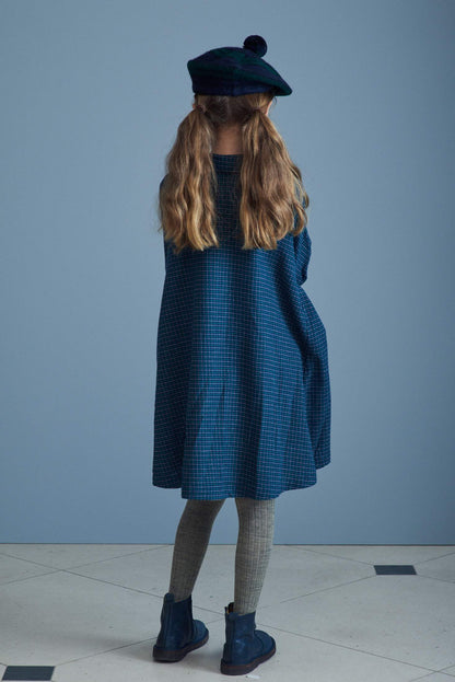 女童蓝色格子棉连衣裙