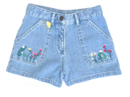 Girls Blue Embroidery Denim Shorts