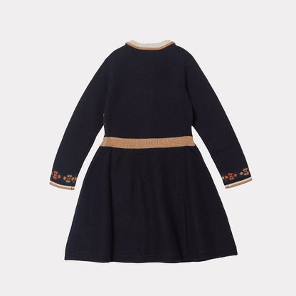 女童藏青色刺绣羊毛连衣裙