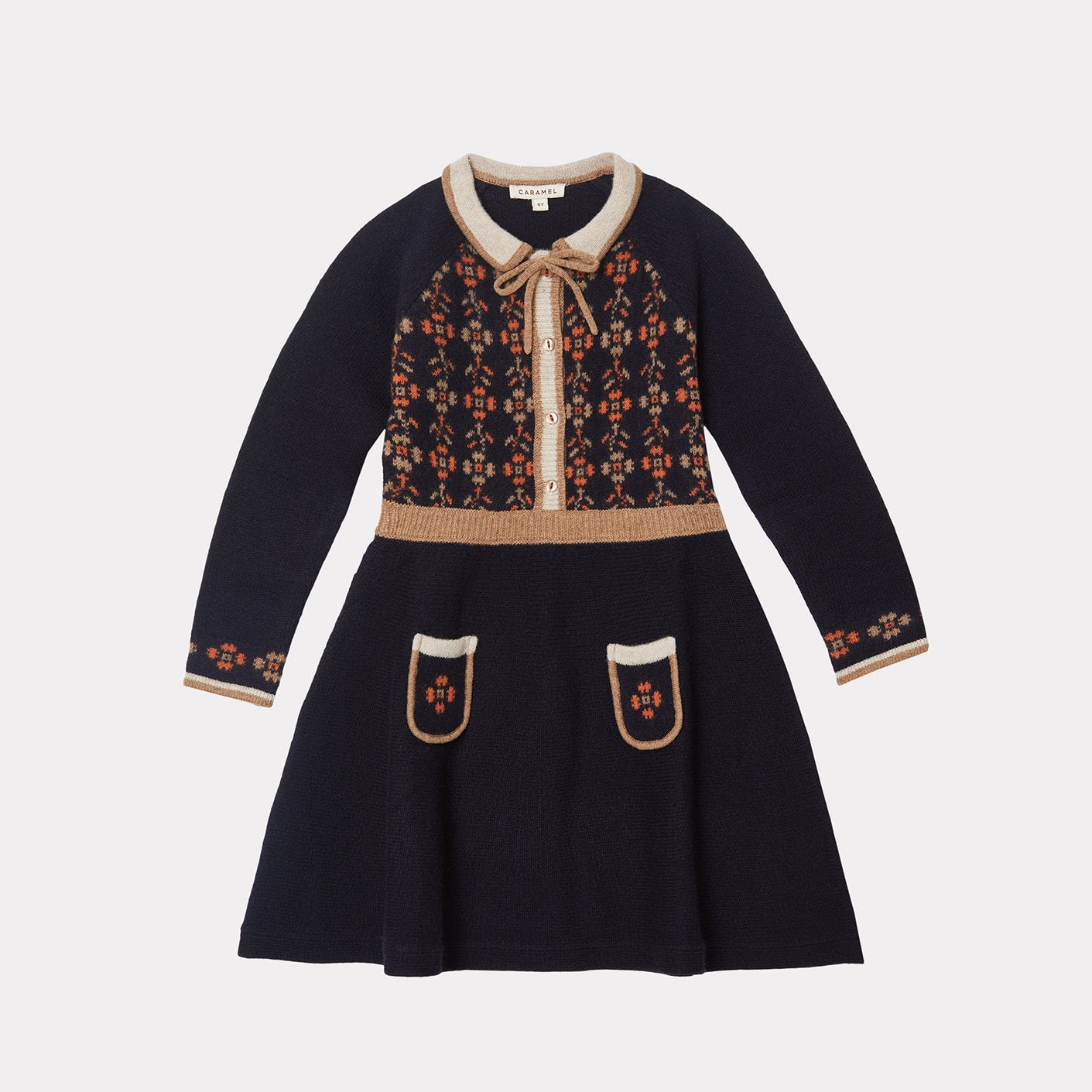 女童藏青色刺绣羊毛连衣裙