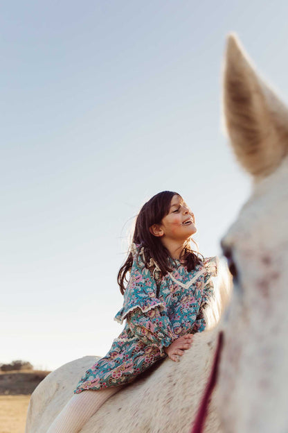 女童蓝色花朵印花棉连衣裙
