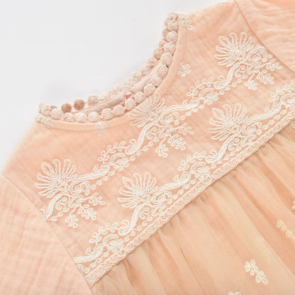 女童粉色刺绣薄纱连衣裙