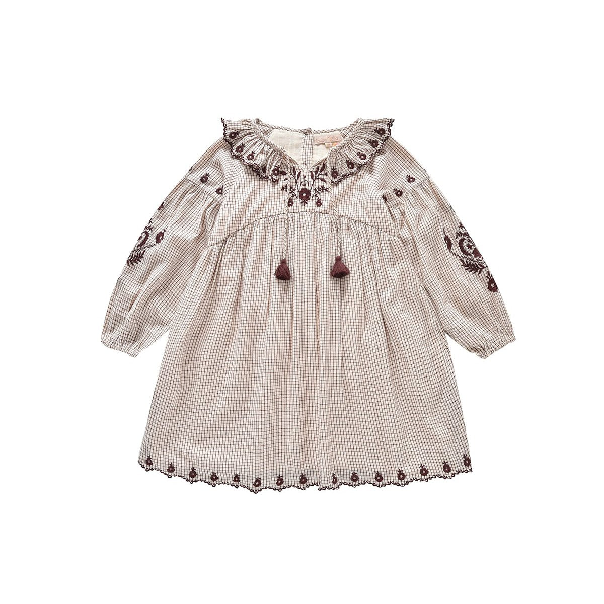 女童奶油白格子棉连衣裙