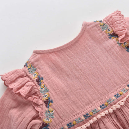 女童粉色刺绣棉连衣裙